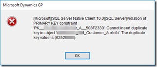 Cannot insert duplicate key in object - customer combiner Dynamics GP
