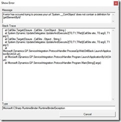 Error window from Microsoft dynamics GP drill down