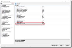 SSMSBoot Settings Menu showing the UPPERCASE keywords = True