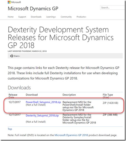 Dynamics GP 2018 Power Shell installer found under Dexterity Development System Releases for Dynamics GP 2018