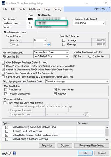 Dynamics GP Purchase Order Processing Setup showing next PO number field