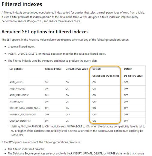 SQL filtered index are incompatible with Dynamics GP