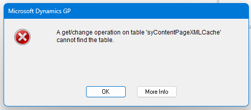 A get/change operation on table syContentPageXMLCache cannot find the table