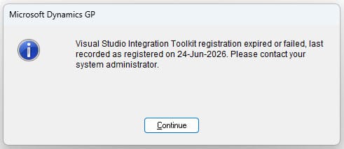 Visual Studio Integration Toolkit registration expired or failed for Dynamics GP