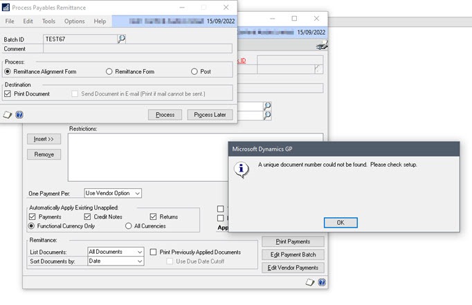 A Unique Document Number Could Not Be Found. Please check setup.