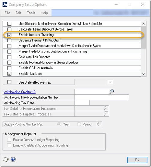 Dynamics GP Company Options Window