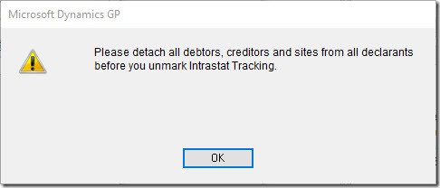 Please detach all debtors creditors and sites from all declarants before you unmark Intrastat Tracking