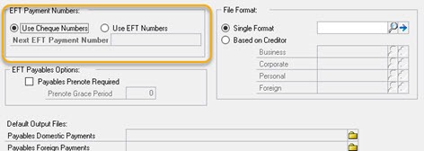 EFT Setup - Payable Optoins shiowing use cheque numbers and empty field for next number