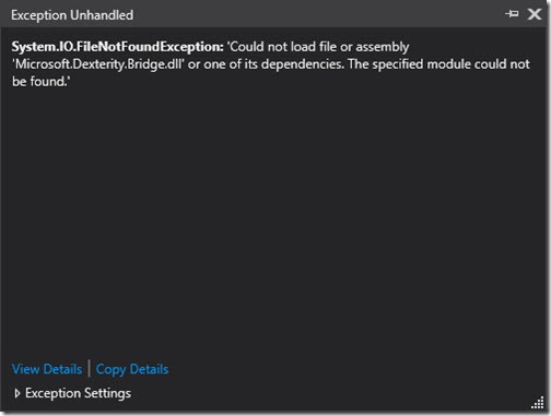 Could not load file or assembly Microsoft.DexterityBridge.dll 