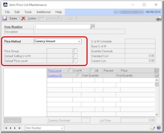 taIVCreateItemPriceListHeader shown in Dynamics GP GUI