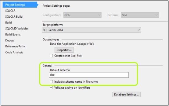 SQL Data Project Settings Window 