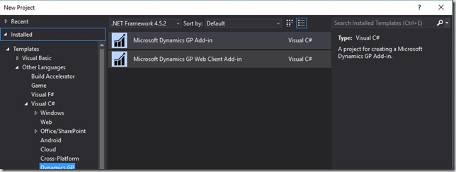 Dynamics GP Visual Studio SDK New Project Templates 