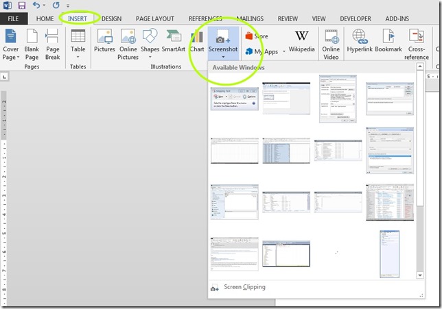 Insert Menu of Word with the Screen Button Pressed showing all available windows to screenshot