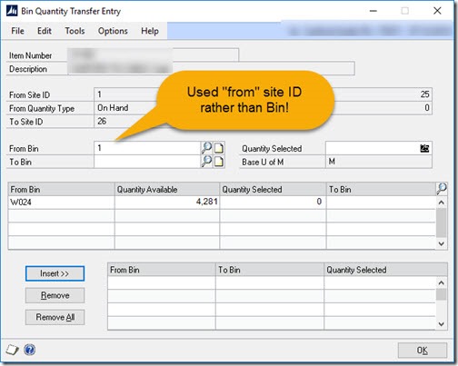 Entering inventory transfer, overriding bin with location