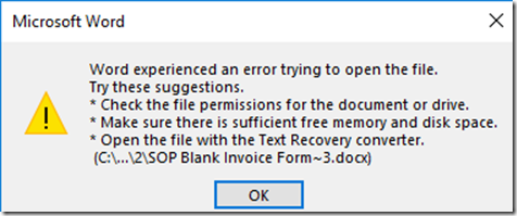 Word experienced an error trying to open the file. Try these suggestions Check the file permissions for the doucment or drve