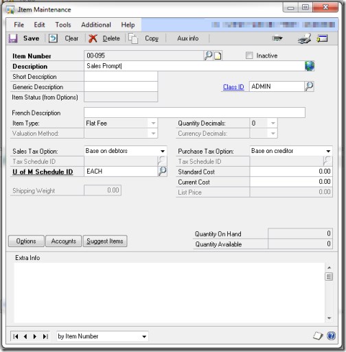 Item maintenance window showing sales prompt item
