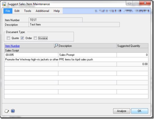 Suggest sales item mainteance showing script to sales person