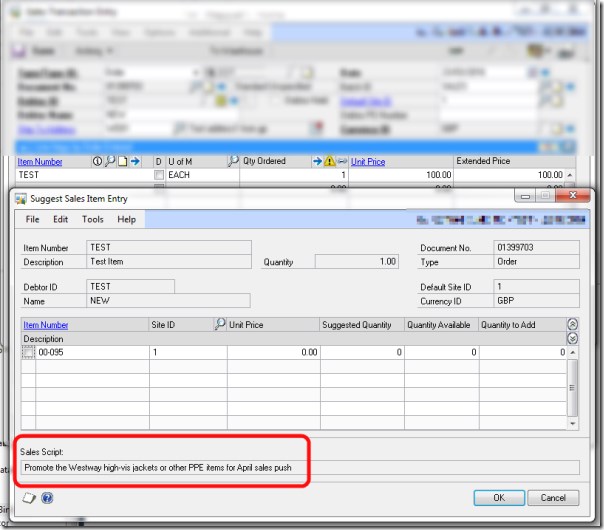 Sales order entry prompt shown with script entered