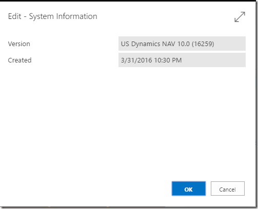System Information Window Dynamics 365 for Financials