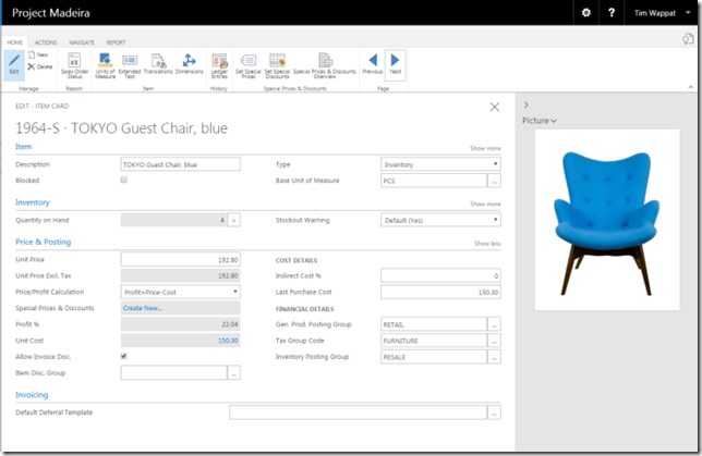 Item Card, showing the item setup for a chair with photo