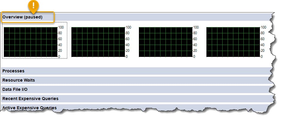 SSMS Activity Monitor Pausing and Processor Time greyed out disabled